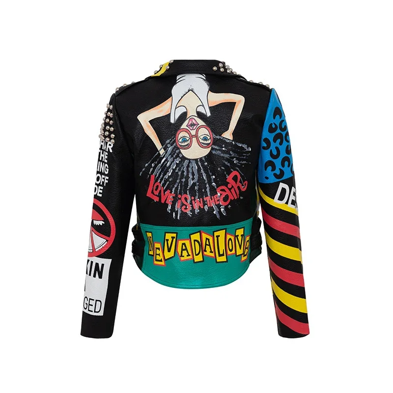 Punk Studded Cropped Motorcycle Jacket for Women 2024 Trend Streetwear Graffiti Print Contrast Faux Leather Jacket S-XXXL