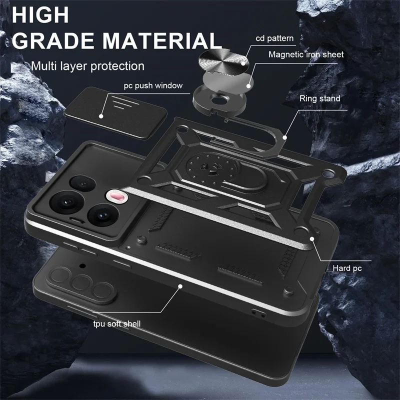 Shockproof Armor Case with Ring Holder and Slide Lens Protection Cover