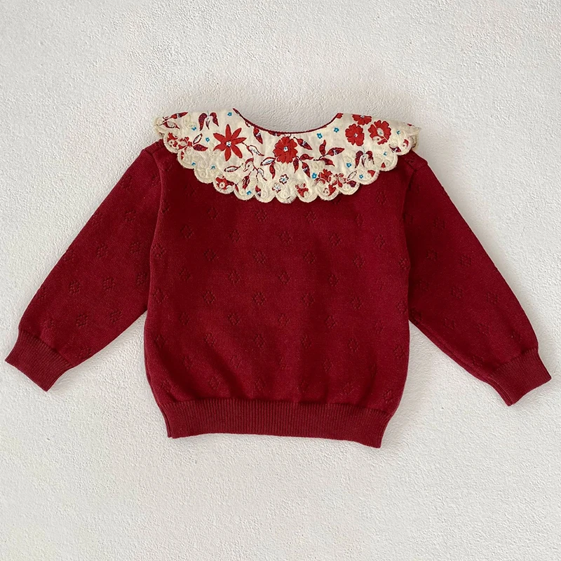 Autumn Newborn Sweaters Kids Knit Wear Kids Knitting Pullovers Tops Large Floral Collar Baby Girl Sweaters Cotton