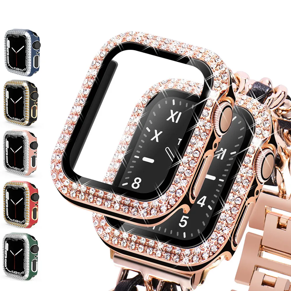 Vetro + Cover Per Apple Watch Case 40Mm 44Mm 45Mm 41Mm Iwatch Accessori Diamond + Screen Protector Apple Watch Series 9 8 3 6 Se 7