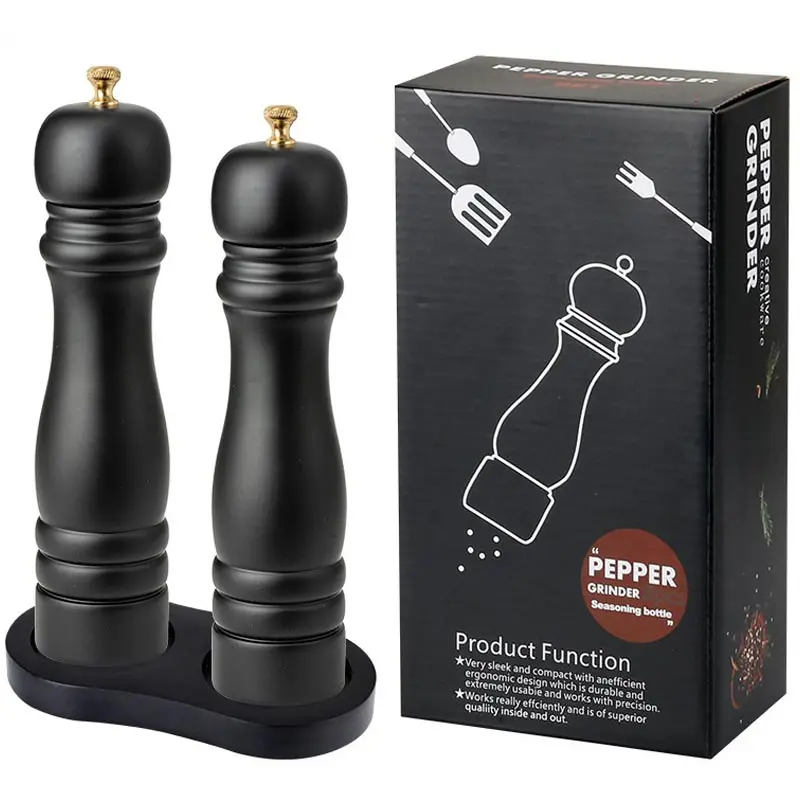 Wooden Salt And Pepper Grinder Sets With Base Kitchen Spice Shaker Pepper Mill PU Baking Paint Salt Spice Grinder 8 inches-Sets