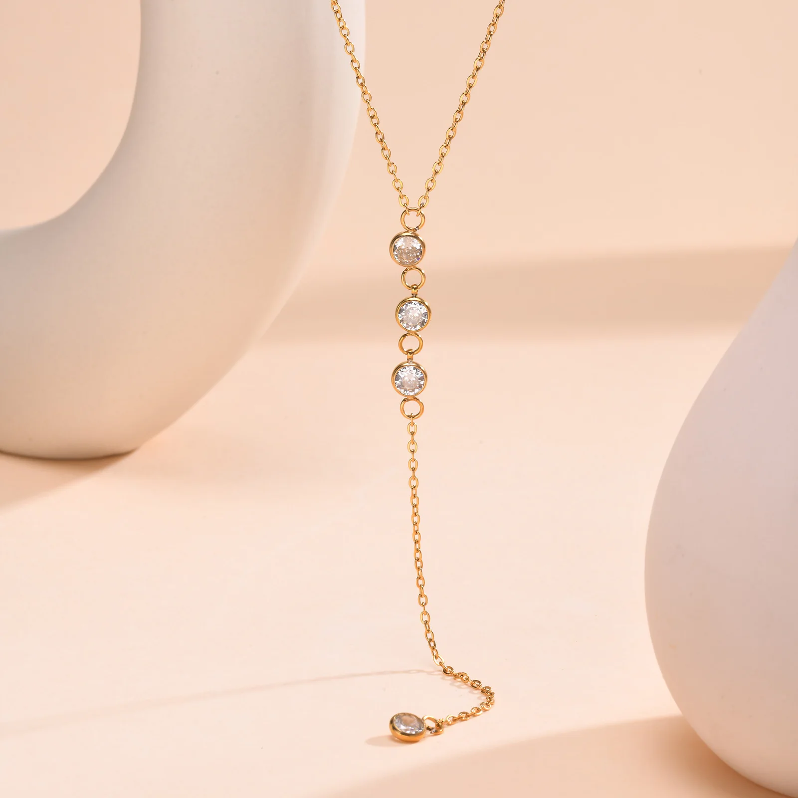 Lariat Gold Necklace For Women - Dainty Rhinestone Drop Choker, Adjustable Beaded Chain - View #2
