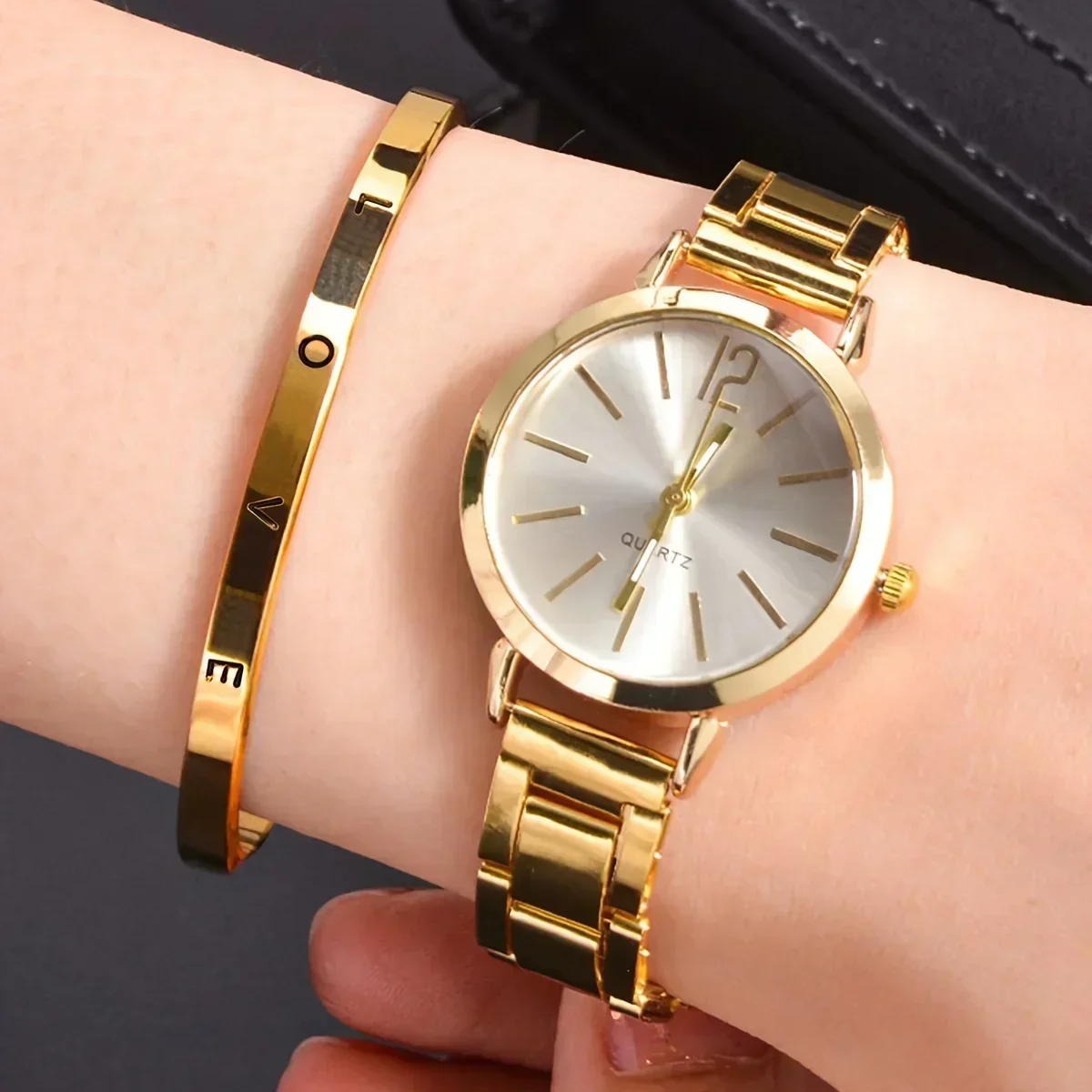 Ladies Fashion Simple Digital Alloy with Quartz Watch Bracelet 2pcs Set Luxury Women Simple Dial Ladies Watches 2