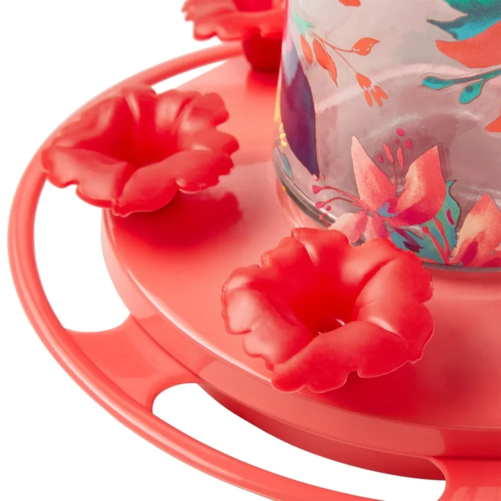 Fresh Floral Decorative Glass Hummingbird Feeder with Ant Moat Perching Ring and Leak Free Flower Ports Bird Watching