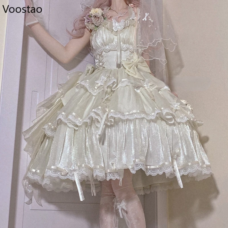 Sweet White Lolita Jsk Dress Victorian Retro Women Elegant Lace Butterfly Sleeveless Flower Wedding Party Dress Kawaii Vestidos