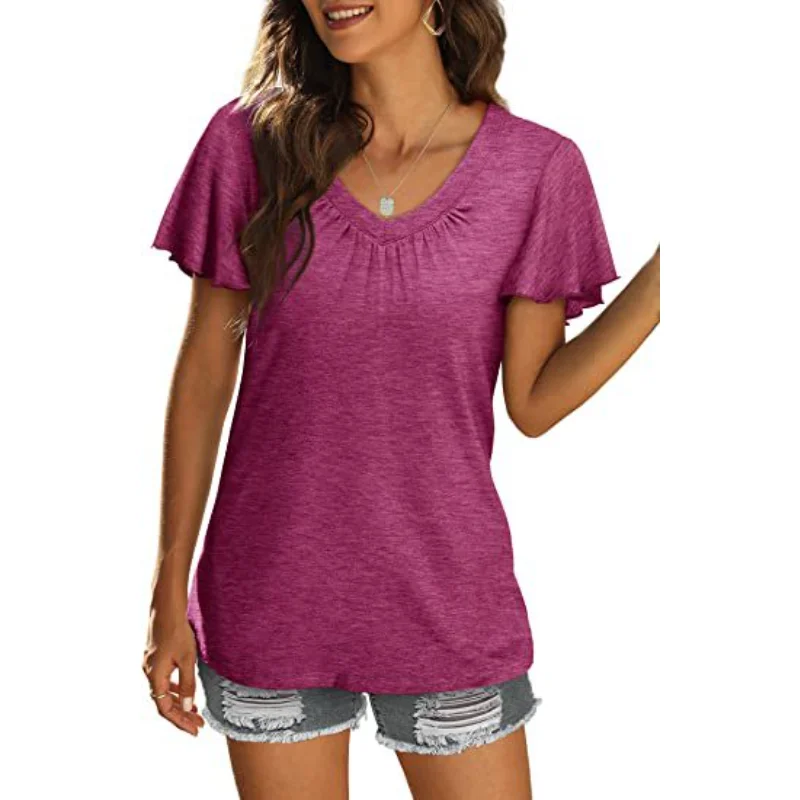 

Summer New Women's Tops Casual Pleated V-neck T-shirt Ruffled Sleeves Solid Women’s Tee Shirts