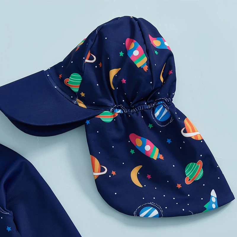 Toddler Boy Rash Guard Swimsuit with Hat 2 Pcs Set Planet Dinosaur Pattern Zip Up Long Sleeve Crew Neck Baby Boy Swimwears