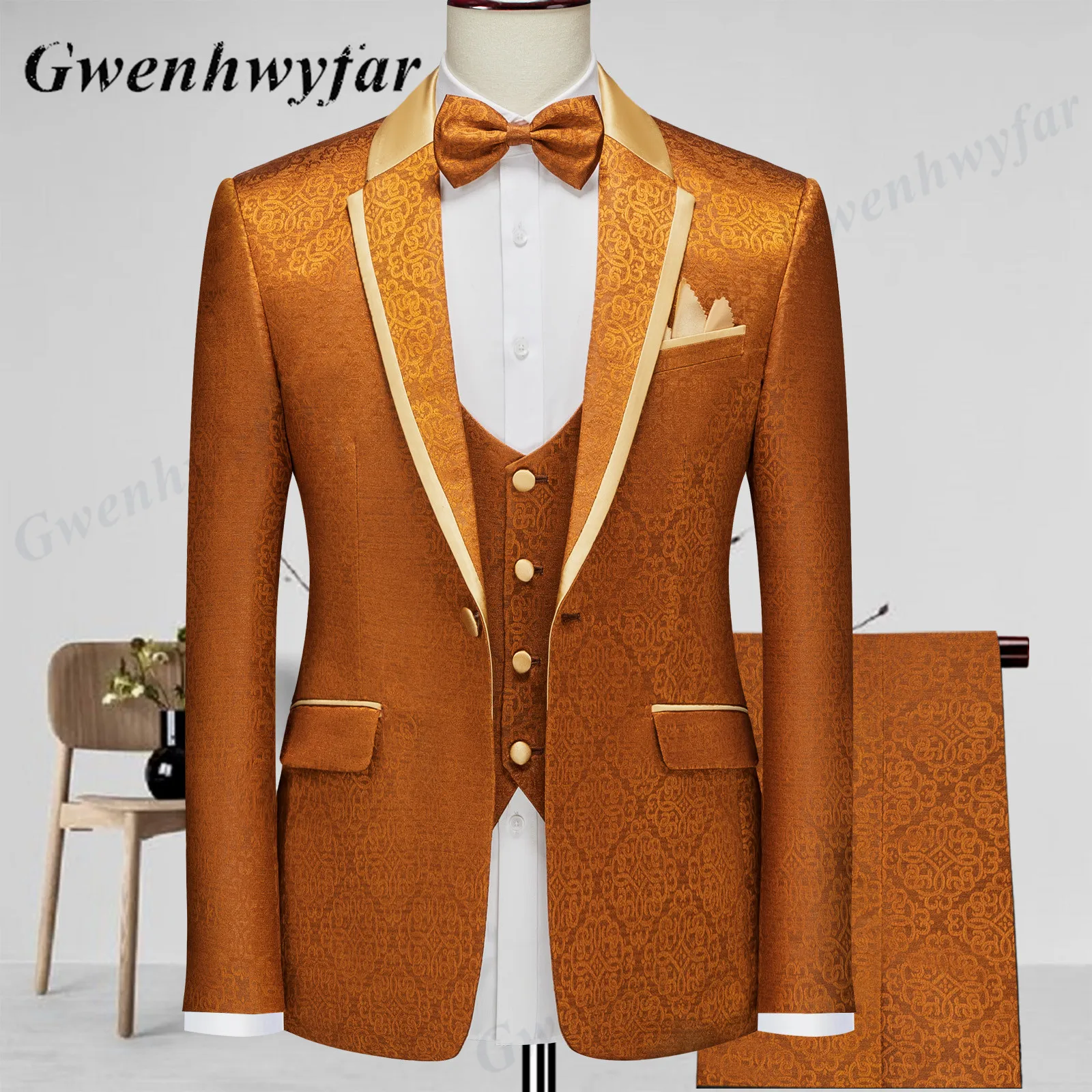 Suits Men Gwenhwyfar Gold Collar Circle Patterns Lapel Formal Party Host Guest Tuxedos 3 Piece Outfit