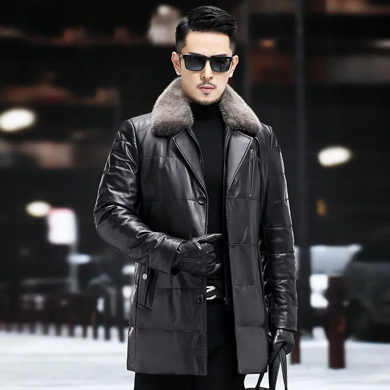 Men's Mid-Length Leather Jacket Lapel Single Breasted down Mink Collar Sheepskin Thick Coat for Autumn And Winter
