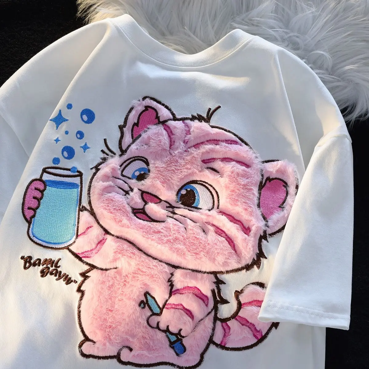 

American cartoon retro kitten trend summer couple loose fitting casual men and women hip-hop personality short sleeved top y2k