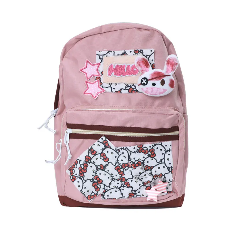 

Hello Kitty Premium Gray Pink Patch Grimace Rabbit Contrast Color Versatile Texture Millennium College Style Backpack School Bag