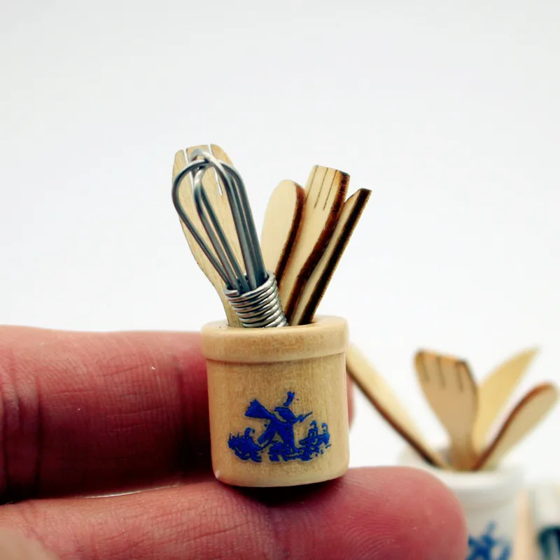 Miniature Dollhouse Kitchen Tools Set Wooden Spatula Knife Fork Egg Beater Jar For Home Decor Photography Props Mini Toys - 3