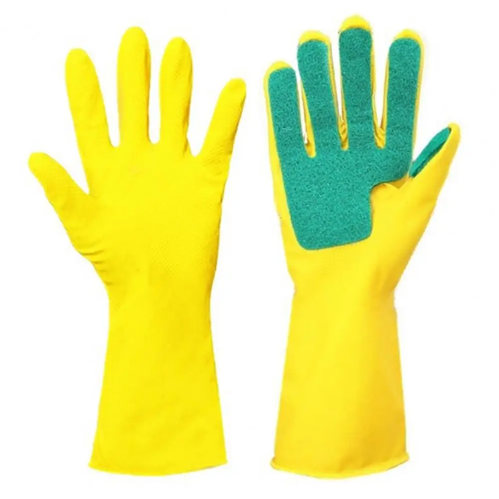 Dishwashing Cleaning Gloves 1 Pair Rubber Latex Material Scouring Pad Non-Slip Long Kitchen Bathroom
