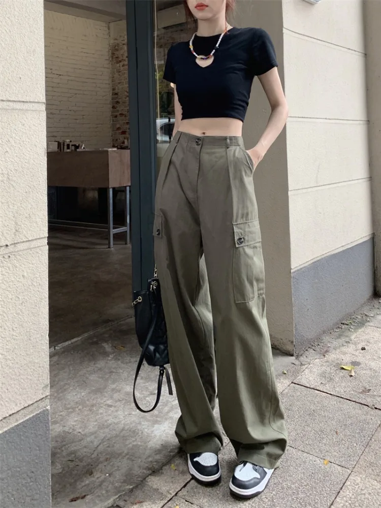 

Women's Casual Straight Loose Cargo Pants Lady Summer Thin High Waist Pokctes Long Cargo Pants