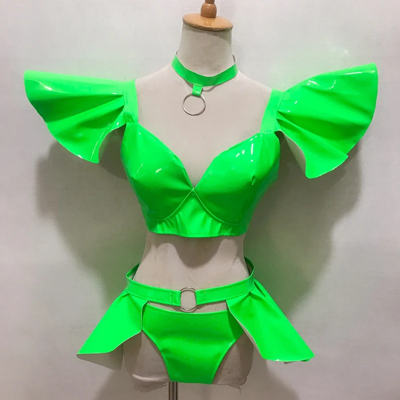 

2024 Jazz Dance Costumes For Women Fluorescent Green Sexy Bikini Sets Nightclub Bar Dj Performance Stage Pole Dance Clothing