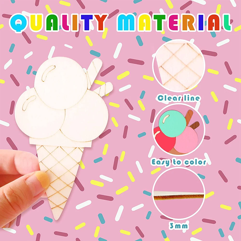 40PCS 8 Styles Unfinished Ice Cream Wooden Cutouts Blank Wooden Paint Crafts Kids Birthday Painting DIY Crafts Home Decoration
