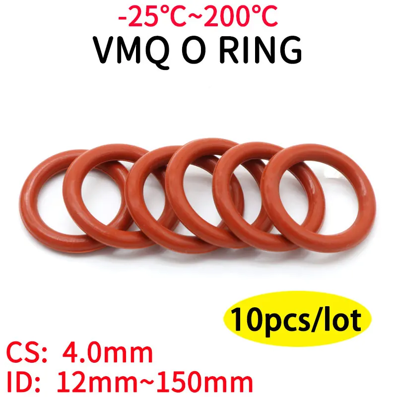 

10pcs Red VMQ Silicone Ring Gasket CS 4mm OD 12 ~ 150mm Silicon O Ring Gasket Food Grade Rubber o-ring vmq assortment hvac tools