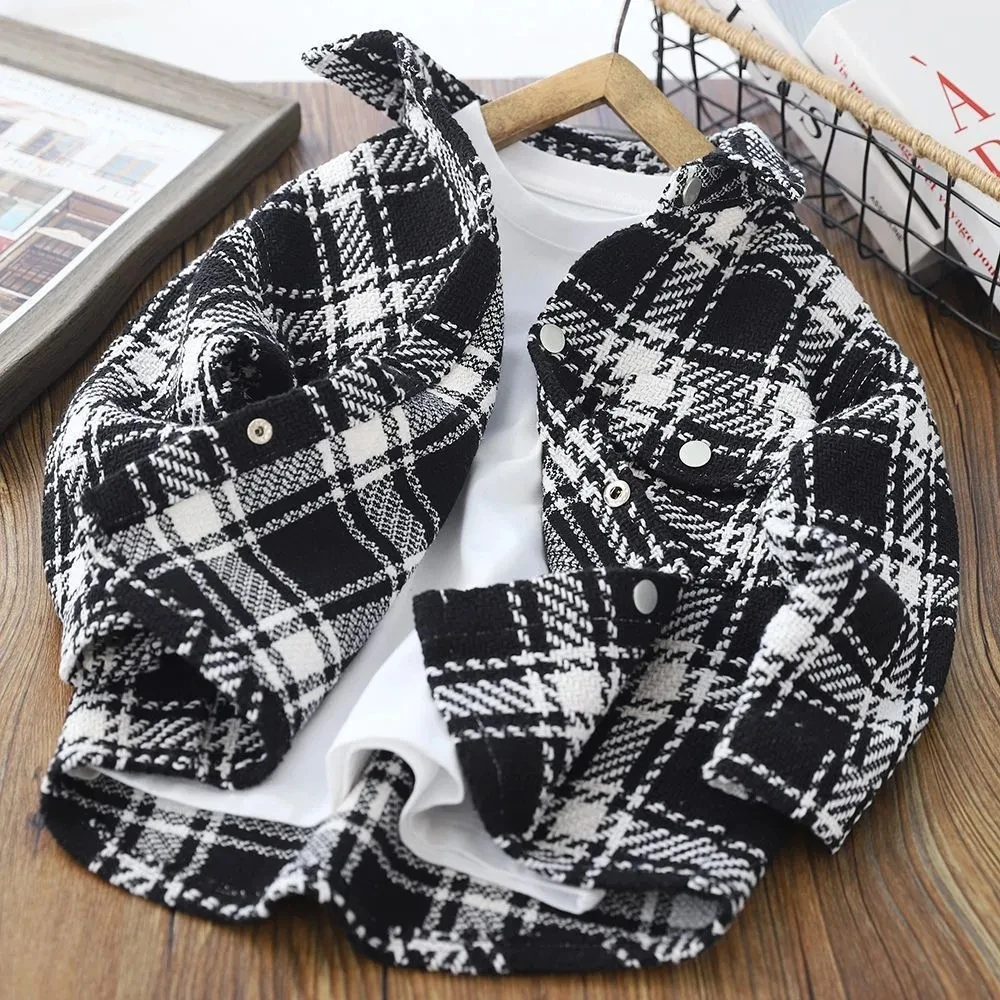 

Teenage Boy's Shirt Spring and Autumn New Girl Baby Lapel Fashionable Top Handsome Children's Casual Plaid Shirt Jacket