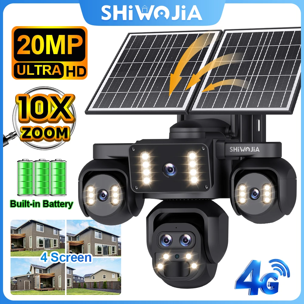 SHIWOJIA 20MP 10X ZOOM Camara Solar 4G SIM 5 Lens 4 Screens Security Protection 360° Auto Tracking Home Surveillance systems 1