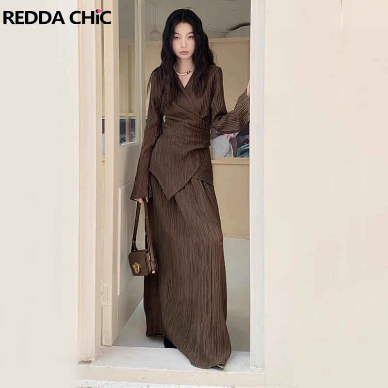 

ReddaChic Women Top Skirt 2-piece Set Brown Maillard Ruched Stripe-textured Wrapped Blouse Shirt Maxi Long Skirt Office Workwear