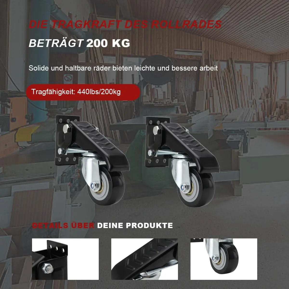 4 Stück Werkbank-Lenkrollen, 440 Pfund, robustes, einziehbares Rollen-Set, 360 ° Drehbare Tischrolle für Tischgeräte – Detail 2