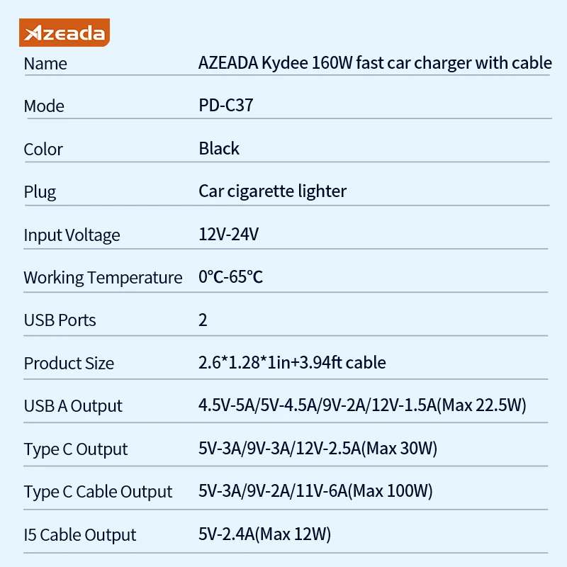Gadgetoo Azeada 160W Usb Type C Fast Car Charger With Elastic Cable Portable For Iphone 15 14 Pro Max Tablets Gps Xiaomi 13 Oneplus Oppo