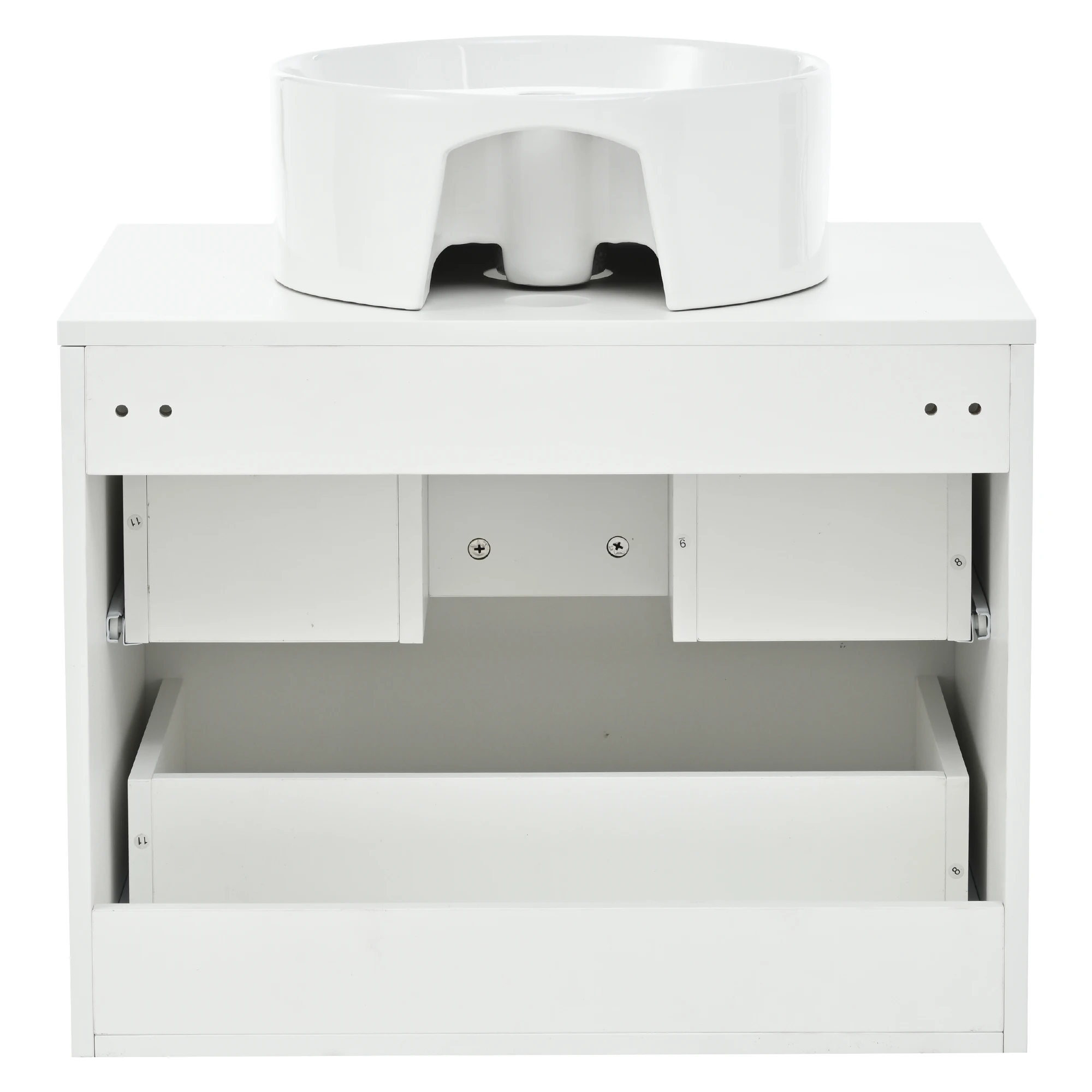 60 cm großer wandmontierter Badezimmerschrank mit rundem Keramikwaschbecken, Holzoptik-Schubladenfronten und 2 Schubladen für viel Stauraum. – Detail 18