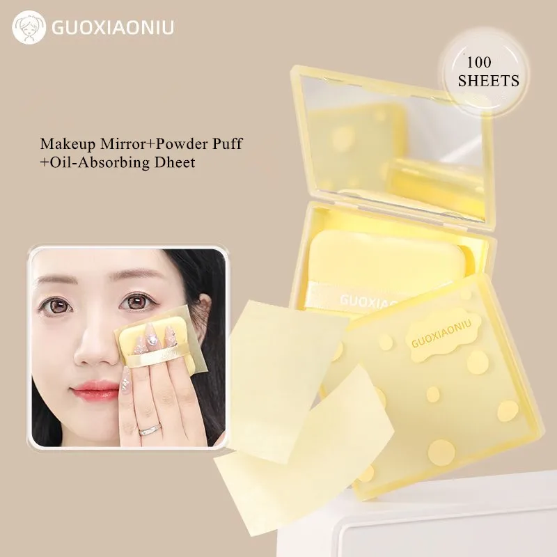 GUOXIAONIU 100 Sheets Oil Blotting Paper&Powder Puff&Mirror Oil Control Makeup Setting Oil Absorbing Clear Wipes Cosmetic Tool