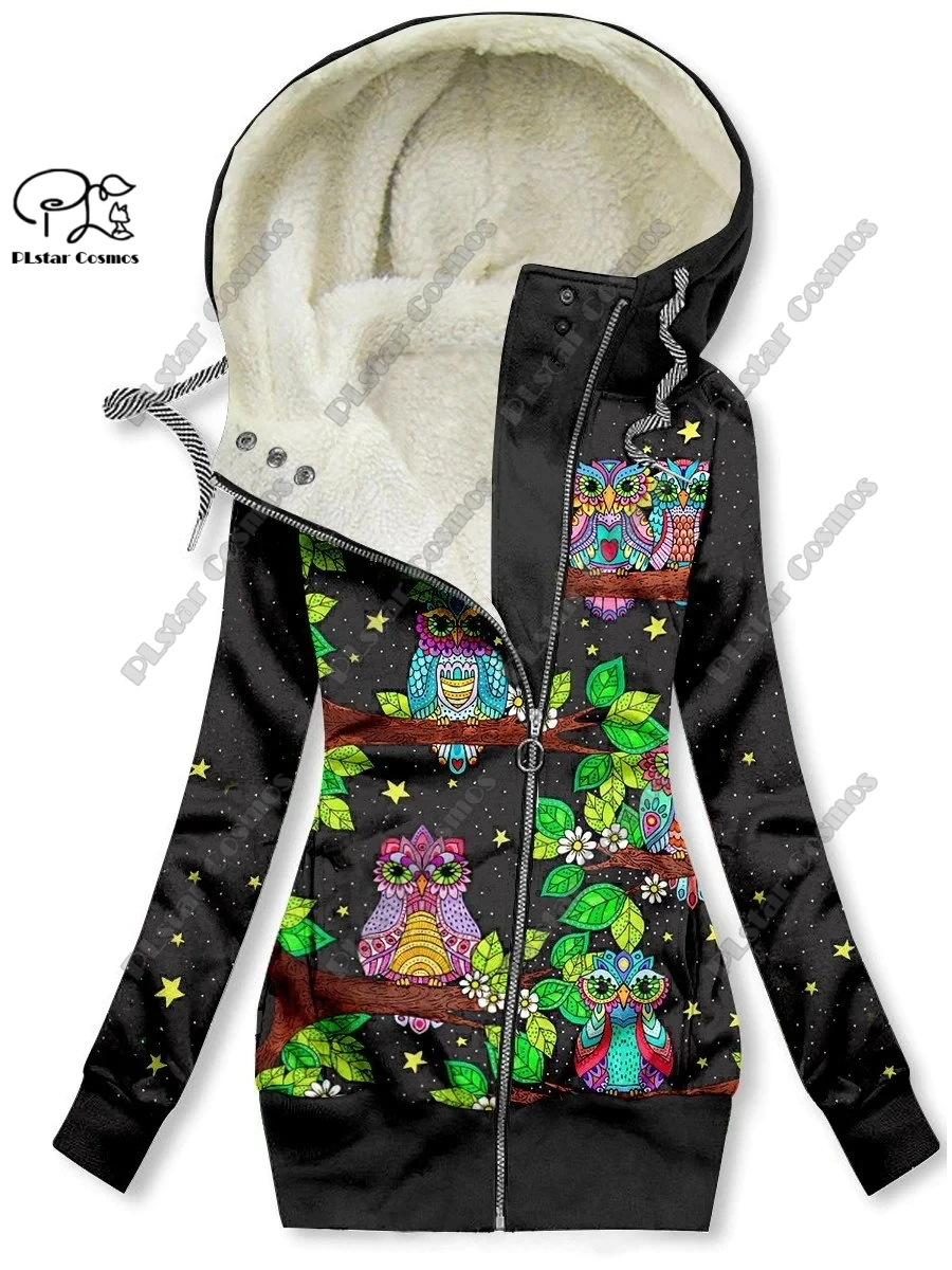 New 3D printing retro series floral and animal patterns plus velvet and warm women's long zipper sweatshirt casual winter L-32