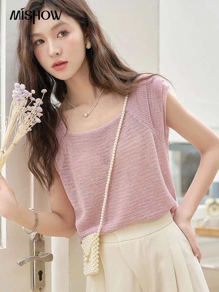 

MISHOW Round Neck Short Sleeve Knitted for Women 2023 Loose Slim Sleeveless Top Solid O-Neck Casual Female Woven Tees MXC38Z0109