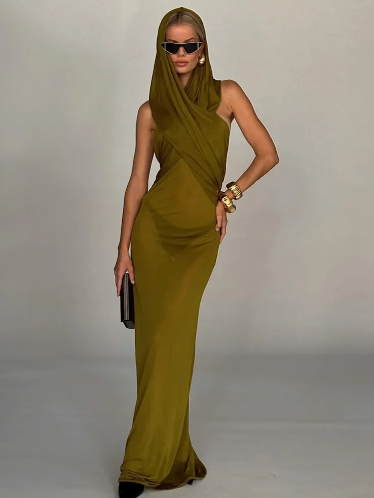 

Women Luxury Sexy Lace Mesh Army Green Maxi Long Hoodies Bodycon Gowns Dress Elegant Clebrity Evening Party Club Dress