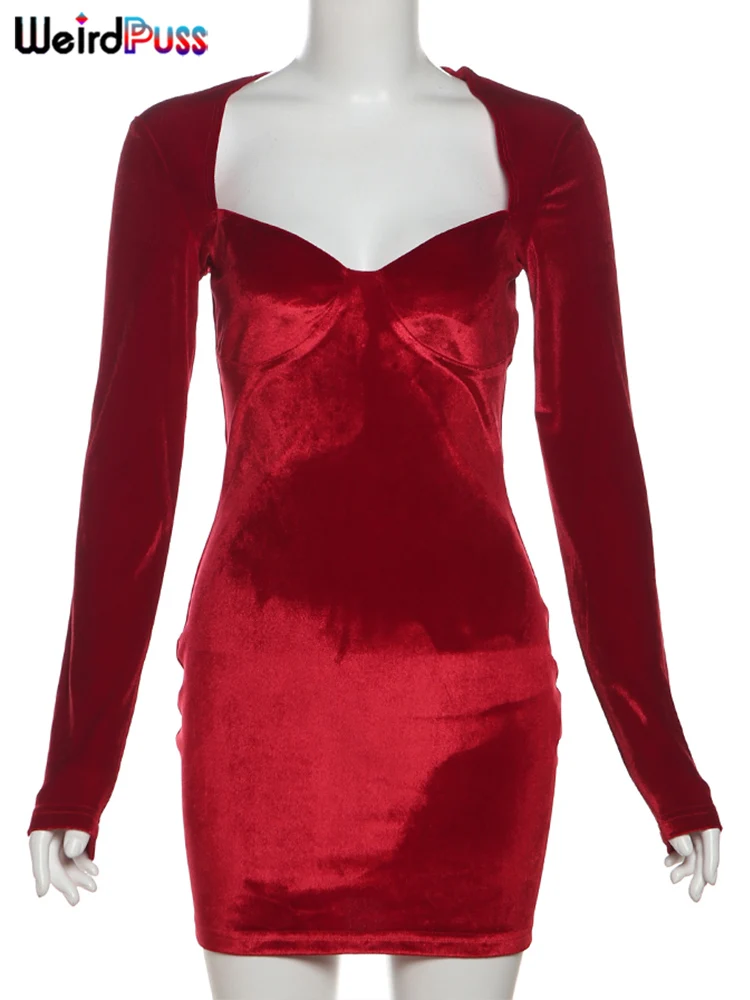 Weird Puss Elegant Velvet Dress Women Solid Sexy Low Neck Skinny Elastic Long Sleeve Coquettish Night Trend Prom Mini Bodycon 6