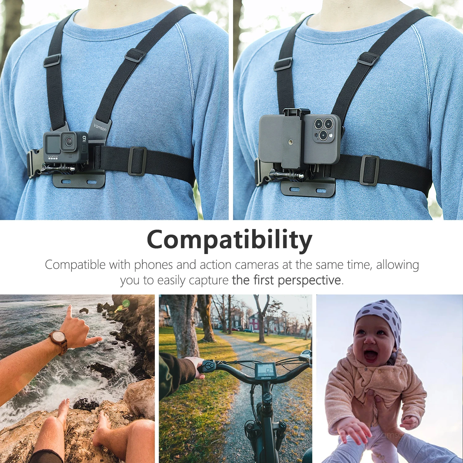 Action Camera Accessory Action Camera Holder Action Camera Mount Vamson Chest Strap Belt Body Harness Phone Clip Mount For iPhone 13 14 Samsung Huawei Insta360 Gopro Hero 11 10 9 8 7