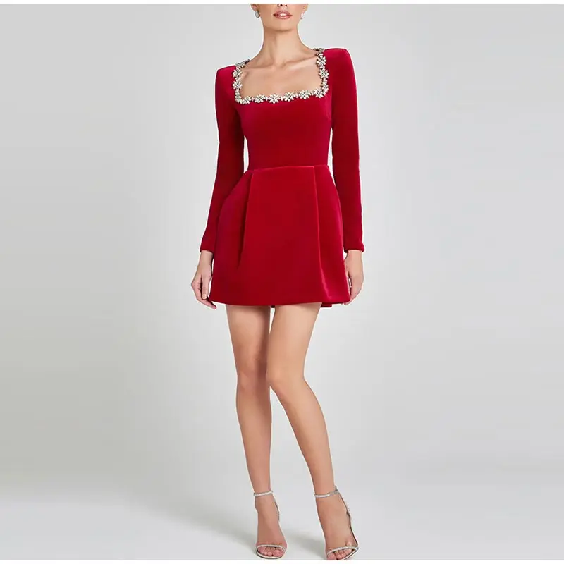 Elegant Rhinestone Decor Velvet Mini Dress Black Square Neck Long Sleeve High Waist A-line Dresses Lady Evening Party Gown