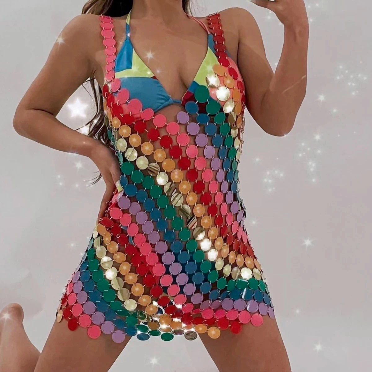 

IngeSight.Z Colorful Sequins Bikini Chain Dress for Women's Harness Bra Chest Neck Body Chain Sexy Summer Festival Rave Outfit