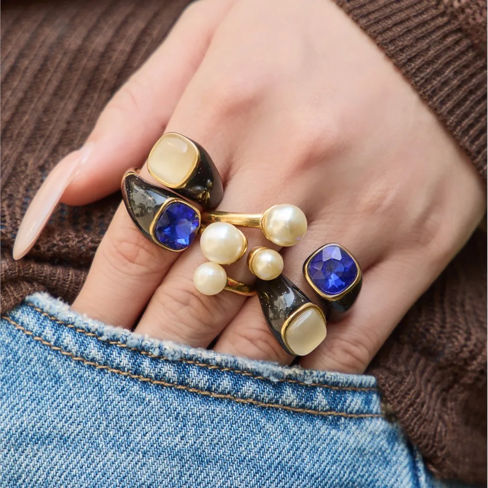 Blue Opal Stone Hug Ring: 18K Gold Plated Statement Chunky Band with Black Enamel Design