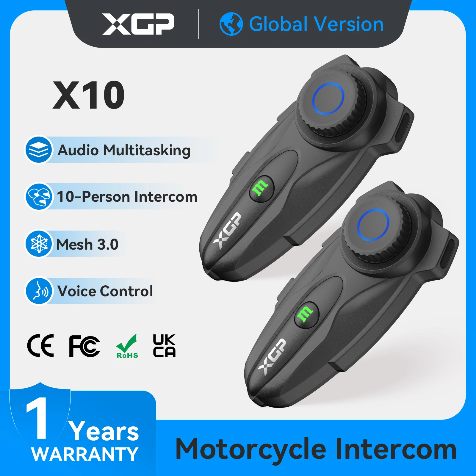 2025 XGP-X10 Bluetooth Motorcycle Intercom Wireless BT 5.3 Communication Device Helmet Intercom Suitable for 10 Riders Intercom