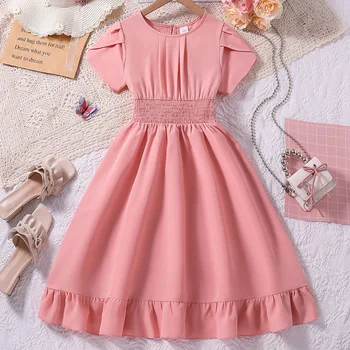 Kids Casual Dress for Girls Clothes New Summer Children Fashion Pink Short Sleeve High Waist A-line Princess Dress 7-14Y 1