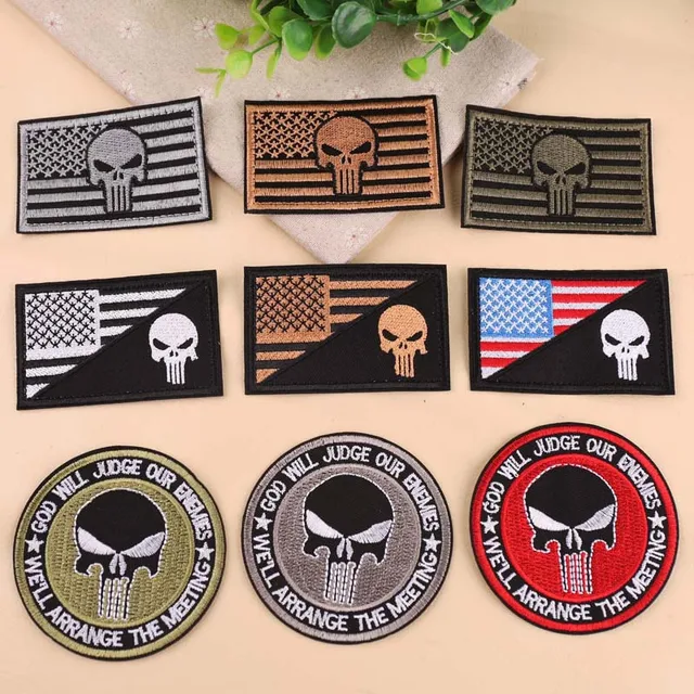 USA Flag Skull Iron on Patch God Will Judge Our Enemies Punisher Morale Badge