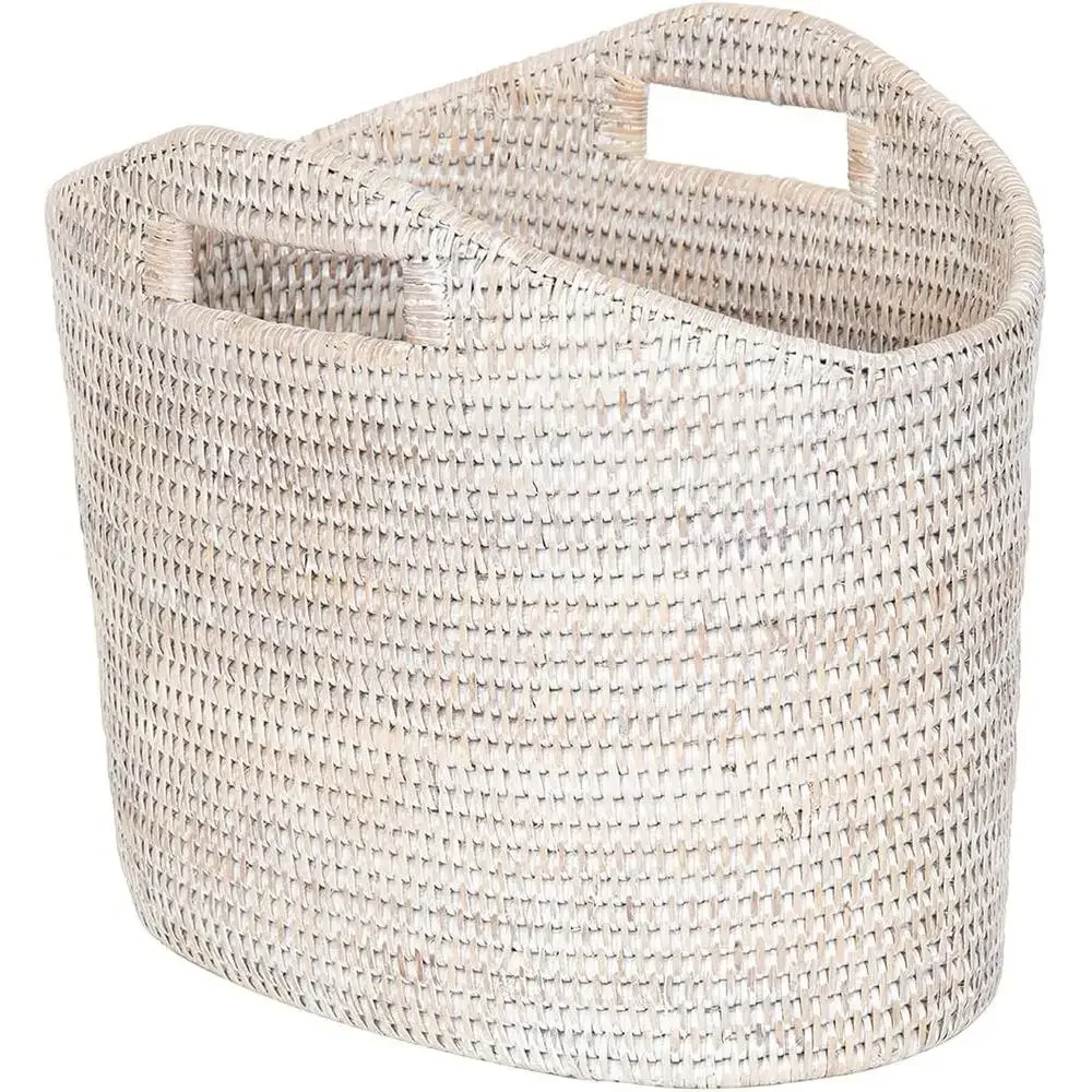 Rattan Magazine Holder Clear Lacquer Finish Oval Shape White-Wash 14.25"x9.5"x12.25 2