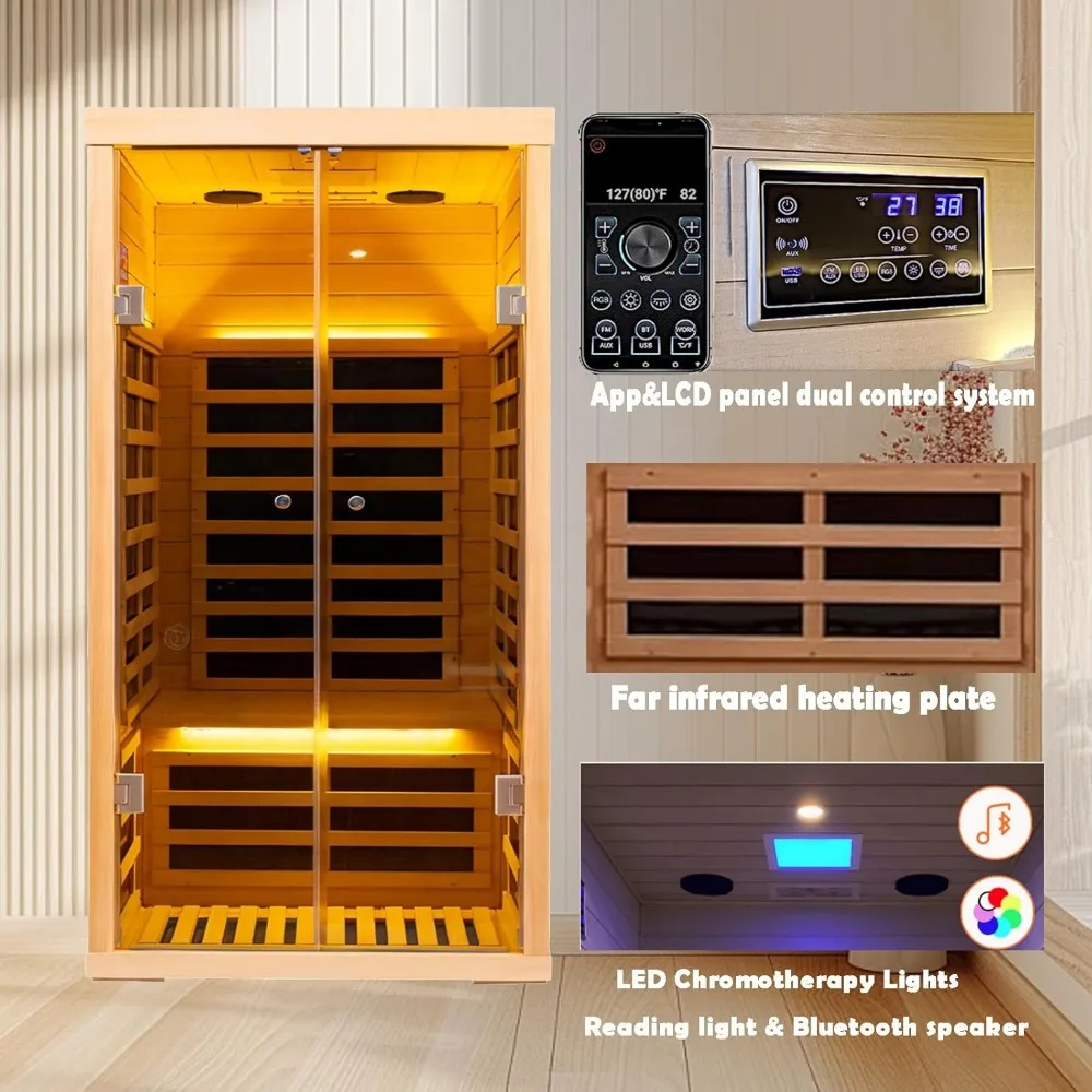 1 Person Infrared Sauna for Home,Luxury Personal Indoor Sauna Spa,1420w/120v Ultra Low EMF Infrared Sauna,App&LCD Panel Controls 3