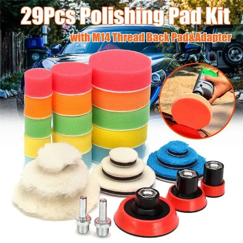 29Pcs/set Car Foam Drill Polishing Pad Kit 1.2/2/3 Inch Buffing Pads Sponge Set Kit M14 Drill Adapter Power Tool Car Polisher 2