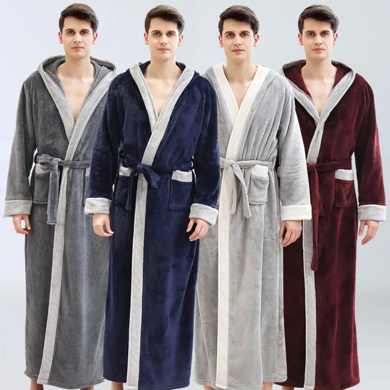 

Extra Long Winter Warm Coral Fleece Bathrobe Men Flannel Hooded Kimono Bath Robe Casual Dressing Gown Homewear Home Clothing