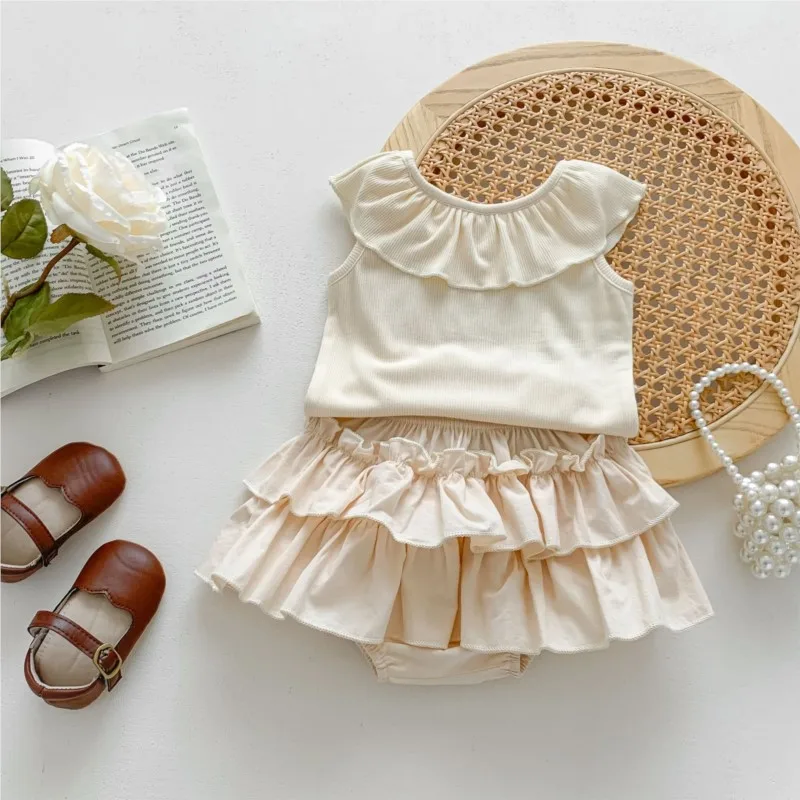 

2023 Summer korean toddler girl 2PC clothes set solid ruffle collar sleeveless vest top cotton skirt pants suit infants outfits