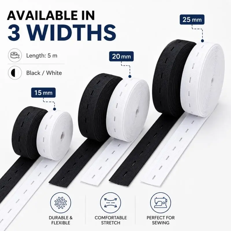 Adjustable Elastic Band for Sewing – 5 Meters, White & Black, Buttonhole Feature