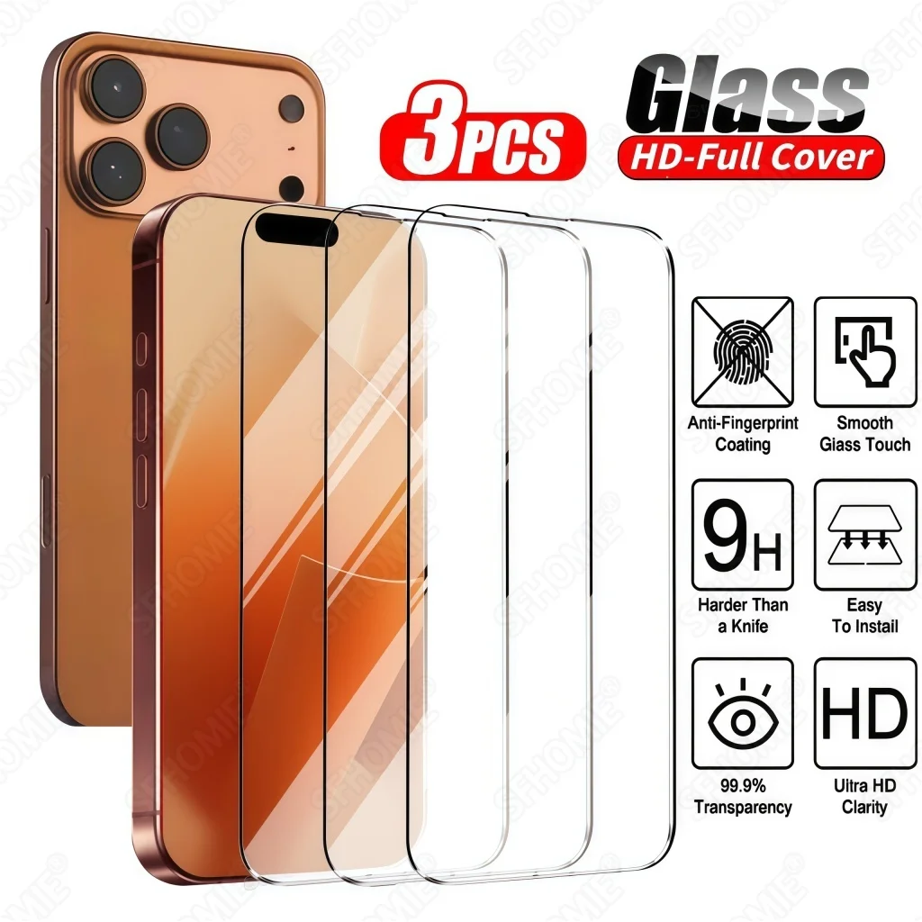 Lot de 3 films de protection d'écran en verre trempé HD pour iPhone Pro Max 14 15 16 Plus Air 16e 17e