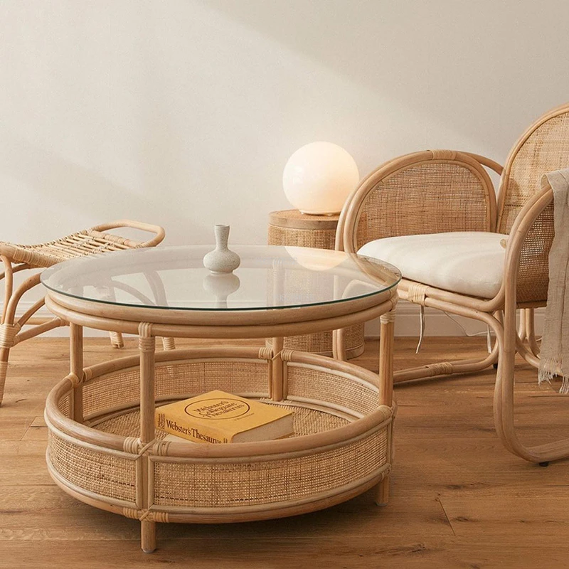 

Round Rattan Coffee Tables Modern Retro Glass Low Table Simple Indoor Small Apartment Side Table Couchtisch Library Furniture HY