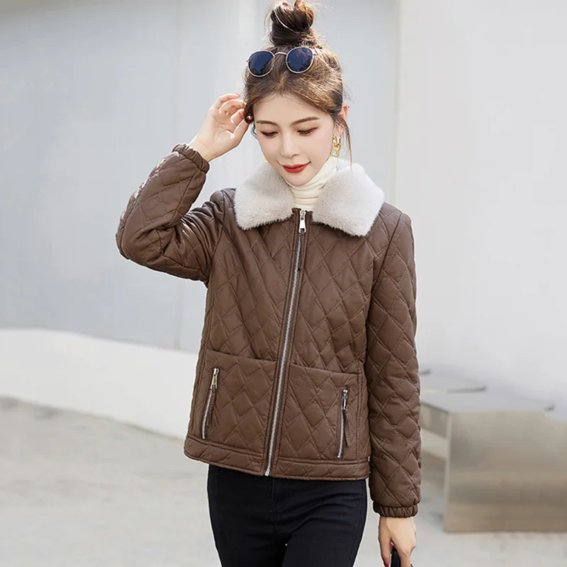 New Women Autumn Winter Thicken Leather Jacket Fashion Warm Fur Collar Plus Velvet Loose Short Leather Coat Split Leather fur coat outerwear female color matching plus velvet thicken jacket ins women 2021 new autumn winter plus size lamb wool coats