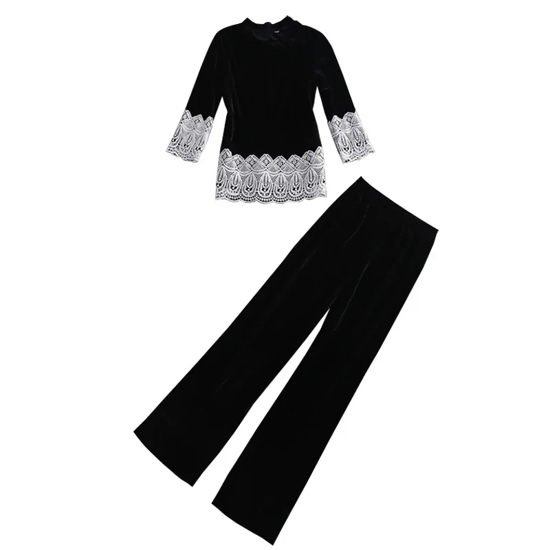 

Elegant Velvet Designed Lace Patchwork Lady Suit O-neck Three Quarter Sleeve Top Wide-leg Elastic Waist Pants Women 2Pcs