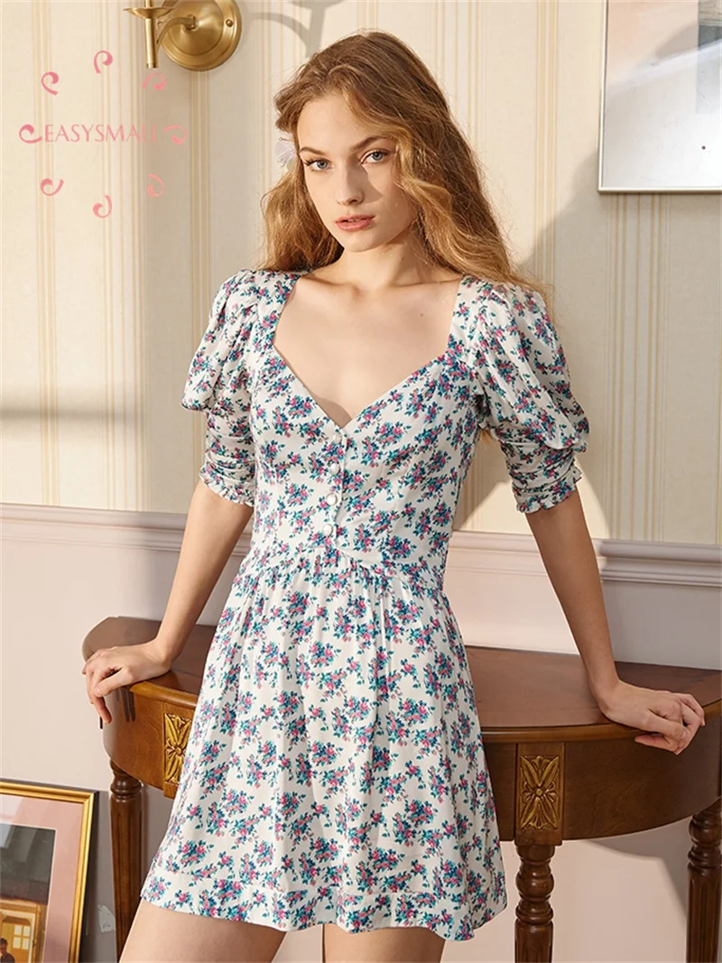 

Easysmall For Love Lemons New Fragmented Lace V-Neck Panel Pleated Bubble Sleeve Temperament Dress with Open Hollow Out Split